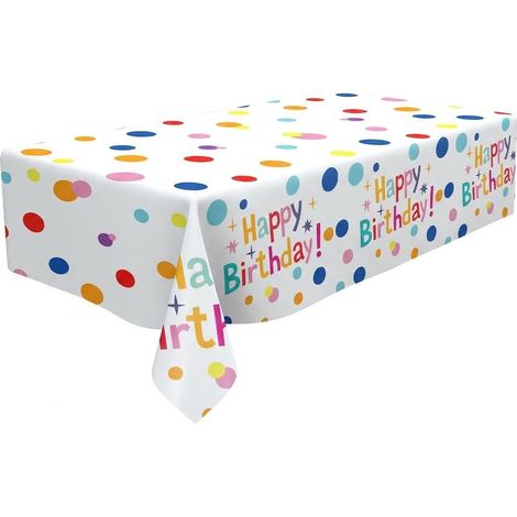 Mantel rectangular de cumpleaños JSSEVN de 108x180 cm, mantel de plástico con lunares de colores para fiestas, mantel de papel impermeable para cumpleaños. (1/5)