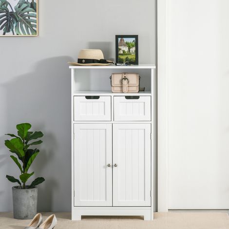 Kleankin Badezimmerschrank, Aufbewahrungsmöbel mit 2 Schubladen, Nische, Schrank mit Tür, verstellbarer Einlegeboden, Badezimmerschrank, Küchenschrank, Wohnzimmerschrank, 60 x 30 x 109 cm, Weiß