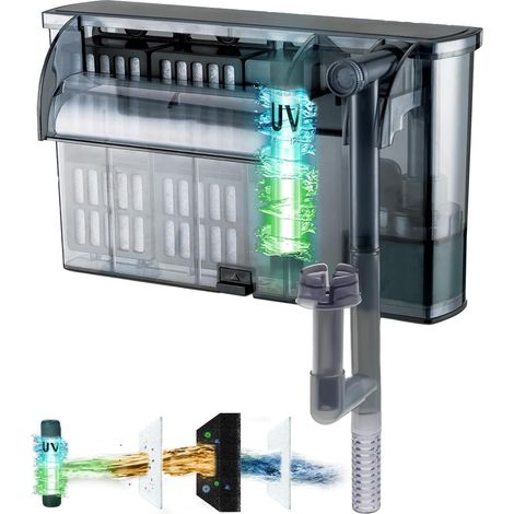 Tararium Hang-on-Back Filtre à dos pour aquarium de 150 à 400 l avec lumière UV et aspirateur de surface, débit réglable, tuyau d'entrée extensible pour eau douce et eau salée 1000 l/h