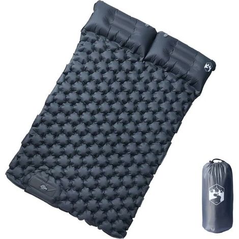 Matelas de camping autogonflant avec oreiller, deux places, gris