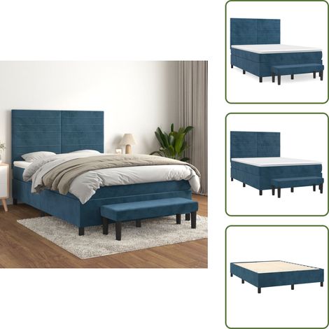Letto in velluto - vidaXL Giroletto a Molle con Materasso Blu Scuro 140x200 cm in Velluto - Panca multifunzionale