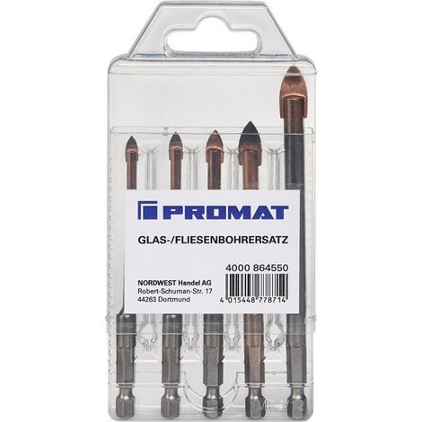Set di punte per vetro/piastrelle 5 pezzi D. 4.5.6.8.10mm codolo esagonale PROMAT