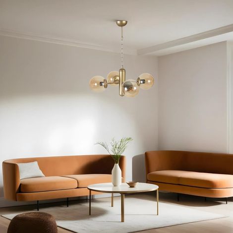 Lustre ambre et doré, corps en métal, 45 cm de diamètre, 70 cm de hauteur, culot E27 max. 40 W, IP20, pour les espaces de vie modernes et les salles à manger (1/4)