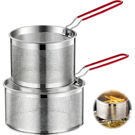 Set di 2 cestelli per friggitrice, cestelli per patatine fritte con manico rimovibile, colino in acciaio inox, setaccio da cucina, colino a maglie fini, utensili da cucina, colino per lavare, scolare  (1/4)
