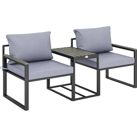 Salon de jardin 3 places avec coussins épais 14cm, accoudoirs en composite bois-plastique, 2 fauteuils et table basse gris (1/5)