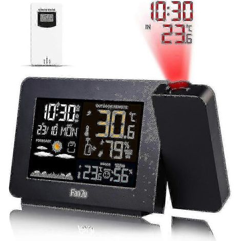 Réveil projecteur avec capteur sans fil extérieur intégré et station météo double alarme compatible Walkbee prise européenne.