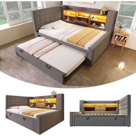 Lit rembourré 90x200 cm avec lit gigogne 90x190 cm et éclairage LED, lit coffre, tête de lit en L avec espace de rangement, montage possible des deux côtés, sommier à lattes, lin, gris (sans matelas)