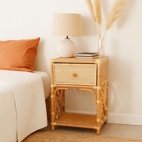 Table de chevet en rotin beige – 1 tiroir + niche ouverte – Dimensions L 45 x P 35 x H 70 cm – Style naturel et bohème