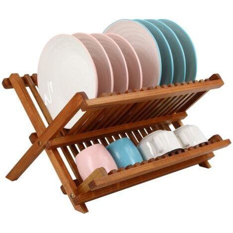 Support égouttoir à Vaisselle en Teck, égouttoir à Vaisselle à 2 étages avec Porte-Tasses, égouttoir Pliable, Range-Assiettes pour la Cuisine (1/5)