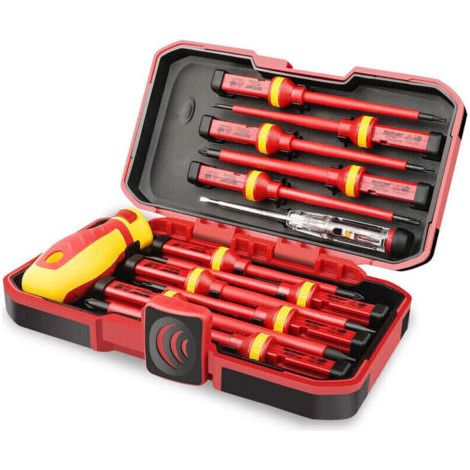 Coffret de tournevis Lot de 13 Tournevis Isolés CR V Haute Tension 1000V Magnétique Phillips Fente Torx Tournevis Durable Outil manuel, Kit D'outils de Réparation D'électricien (1/4)