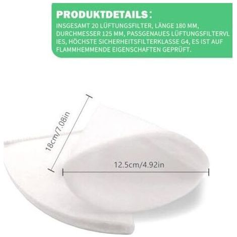 20 pièces filtre conique DN 125, système de ventilation filtrant G4, filtre conique, longueur 180 mm tapis filtrants pour systèmes de ventilation, convient à tous les types de systèmes de ventilation (1/4)