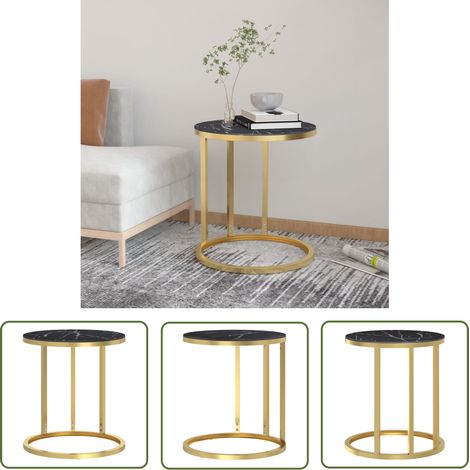 Table d'appoint Doré et marbre noir 45cm Verre trempé (1/5)