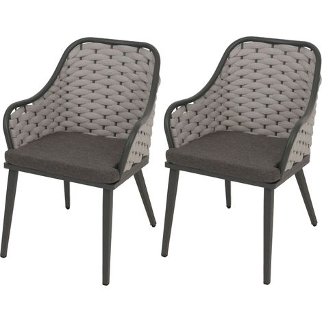 2er-Set Aluminium-Gartenstuhl HHG-761, Outdoor Stuhl Armlehne, Olefin Seilgeflecht Rope hellgrau Kissen dunkelgrau
