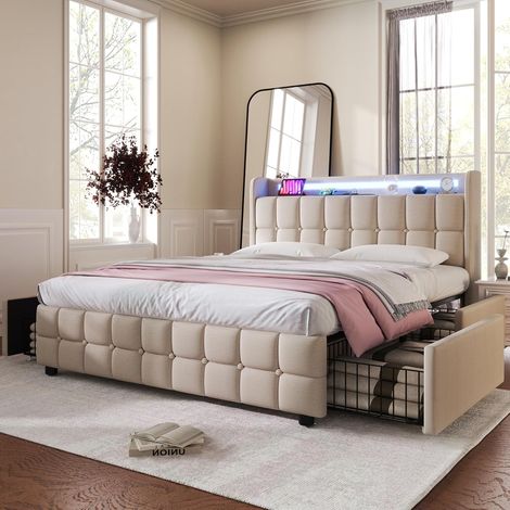 Lit double 180x200 cm avec 4 tiroirs de rangement, Lit adulte avec port USB et éclairage LED, Lit coffre avec sommier à lattes, en lin doux pour la peau, Beige (1/5)