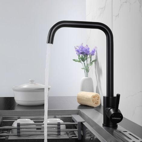 Robinet Cuisine Mitigeur Noir 7-Forme Bec Haut Rotatif 360°Robinetterie Monotrou Mélangeur de Cuisine Evier Robinetterie Mitigeur Eau et Froide (1/5)