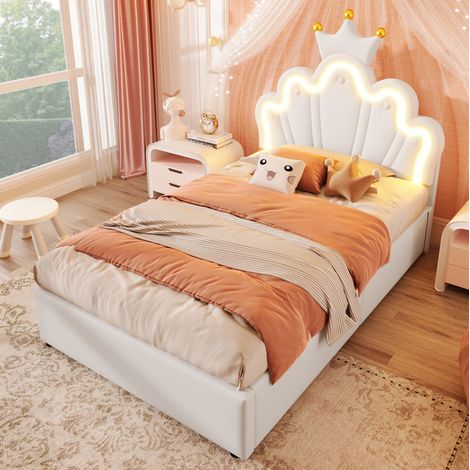 Letto contenitore singolo 90x200 cm, con sollevamento idraulico LED, testiera regolabile, PU bianco, senza materasso (1/5)
