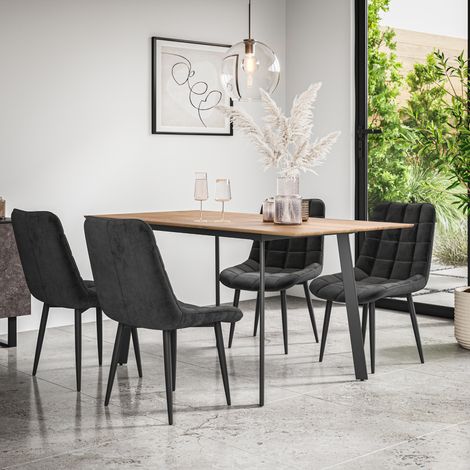 Haydon Extending Dining Table + Chairs- Oak Effect Table Top w Black Legs + Nova Velvet Dining Chair Set Of 6 (Black)