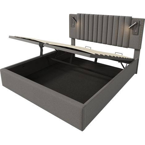CAIziLit rembourré 180x200, coffre, LED, USB, tête rivetée, sommier, gris (1/5)