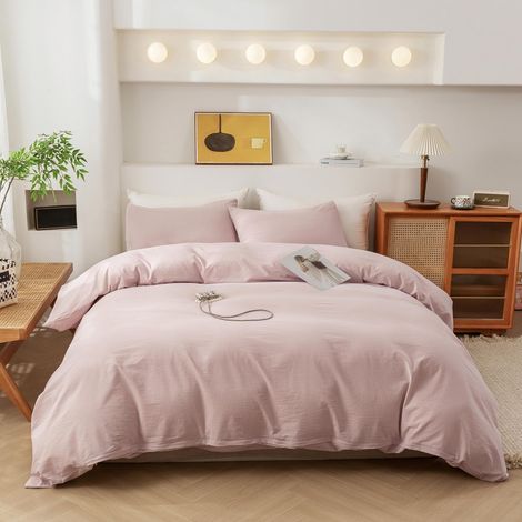 Housse de Couette 3 pièces avec Fermeture éclair pour Grand lit, 100% Coton lavé, Durable, Douce et Confortable (Rose, 228,6 x 228,6 cm) (1/5)