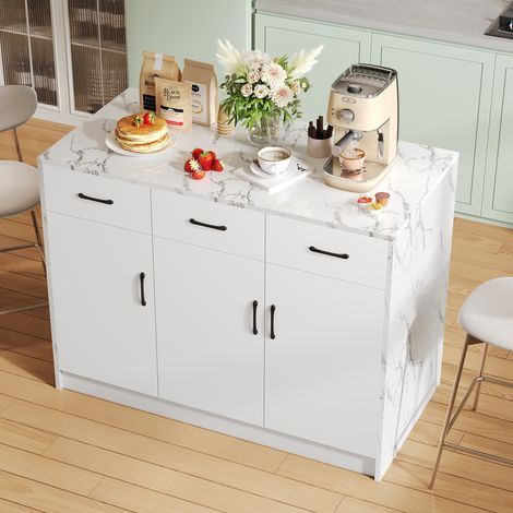 Redom – Îlot de cuisine 120 x 60 x 90,5 cm – 3 tiroirs et 3 portes – MDF imperméable aspect marbre – Espace bar intégré pour repas conviviaux