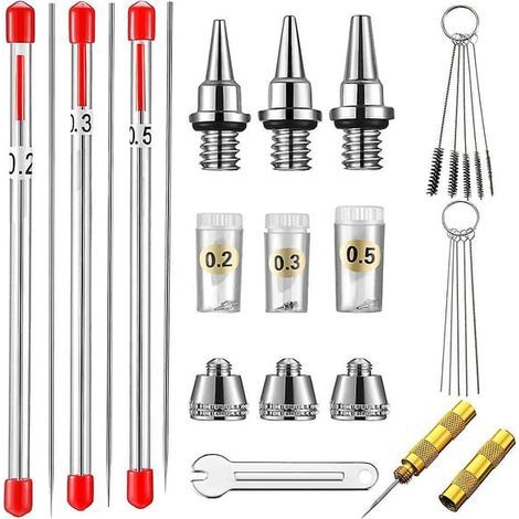 Kit de 21 pièces pour aérographe : buses et aiguilles de rechange, nettoyage. (1/4)