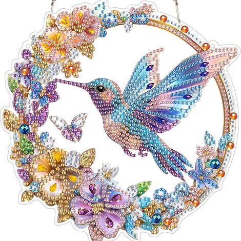 Décoration avec colibri et fleurs style patchwork - Décoration de porte et fenêtre patchwork colorée à faire soi-même (une seule face) - Couronne de fleurs décorative pour la maison (1/5)