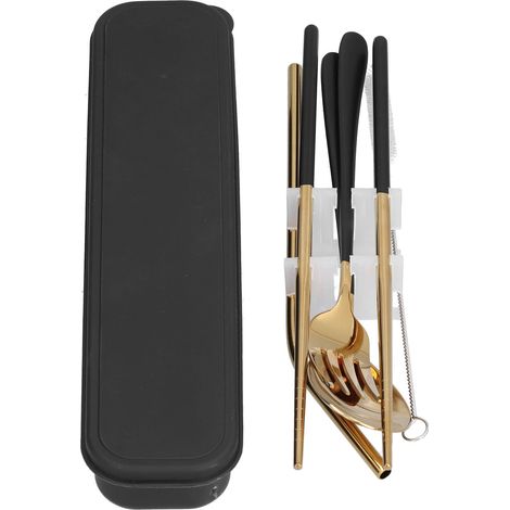 Ensemble de couverts en acier inoxydable 304 portable pour extérieur avec fourchette, cuillère, baguettes et paille (Boîte de rangement noire)