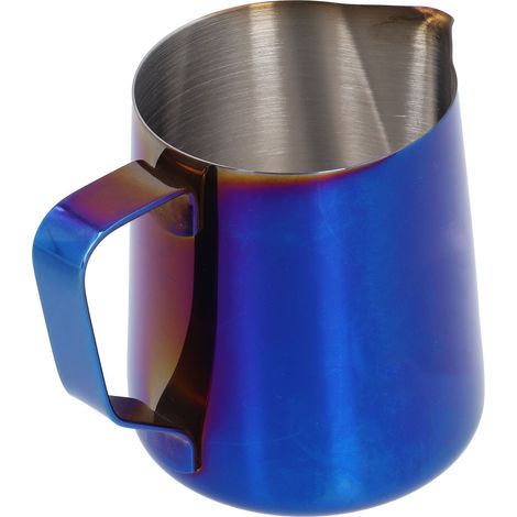 350-ml-Milchkännchen aus Edelstahl mit spitzem Ausguss, Innenskala und Etikett – Blaues Kaffeeaufschäumkännchen (1/5)