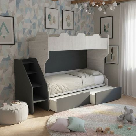 Letto a castello salvaspazio con terzo letto estraibile e scala laterale - Ideale per camerette - Rovere rock