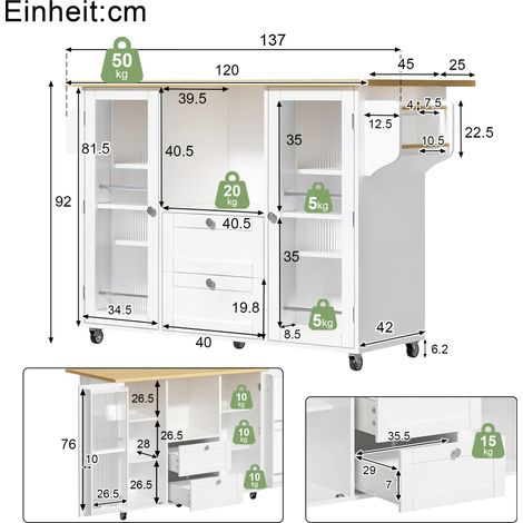 Îlot de cuisine mobile avec plateau repliable, meuble à roulettes avec rangements, dessert roulant, 2 tiroirs, étagère pour épices, porte-serviettes, freins sur roues, 120 × 45 (70) × 92 cm (1/5)