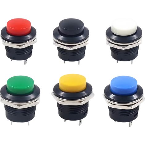 Interrupteur à bouton R13-507, ouverture 16 mm, bouton à réarmement automatique, sans verrouillage, rond, à 2 pattes avec écrou, R13-507, six couleurs (6 pièces) (1/3)