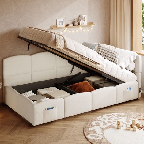 MODFU – Letto a panca per bambini 90x200 cm in bouclé con contenitore idraulico, USB-A/USB-C e tasche laterali – Beige (1/5)