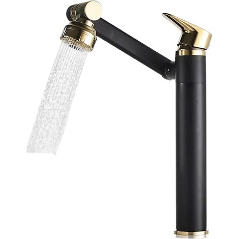 Robinet de cuisine Robinet de salle de bains Triple à 360 degrés, mélangeur d'eau chaude et froide monté sur le pont, aérateur noir/gris/Chrome/or/blanc(Black Gold High) (1/5)