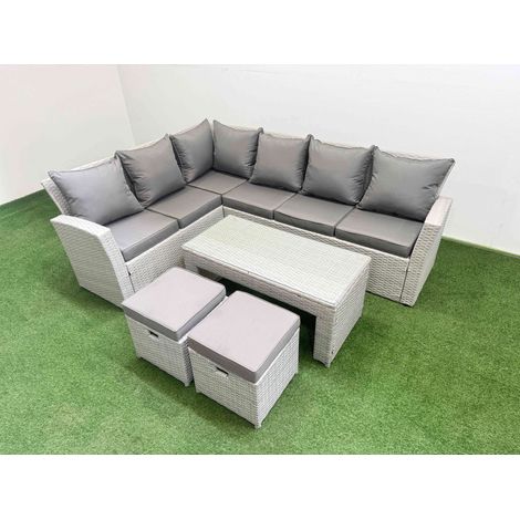 Fimous Rattan Garden Furniture Set Outdoor 8 Seater Corner Sofa Sets with Oblong Coffee Table 2 Small Footstools Light Grey Mixed (1/5)