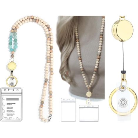 Lanière rétractable en bois avec perles - Multiusage pour badges d'identification, clés - Porte-clés mignon pour enseignants et femmes, idéal pour l'école, le bureau et un usage quotidien (bleu) (1/5)
