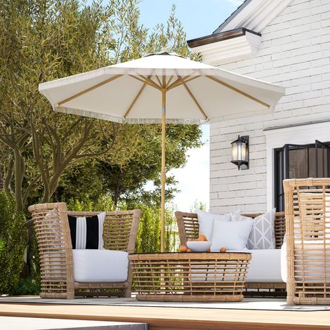 Parasol de jardin inclinable parasol avec manivelle à franges style bohème 8 baleines Ø 265 x 244 cm blanc