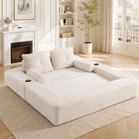 Canapé convertible - SOGEU - Lit banquette 2 places - Velours côtelé beige - Mousse haute densité 30D - Porte-gobelet & poches (1/5)