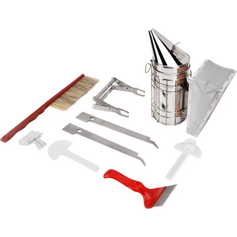 Kit d'apiculture, pince à cadres, couteau à aiguille rouge, abreuvoir, brosse à abeilles, grattoir, enfumoir, attrape-reine (1/5)