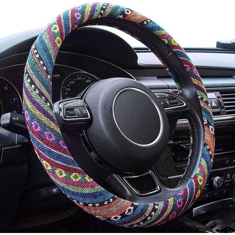 Lenkradbezug im Boho-Stil Stretch-Mikrofaser Damen Universalgröße 15-Zoll-SUV Schutzhülle im Hippie-Stil rutschfest atmungsaktiv weiß abs