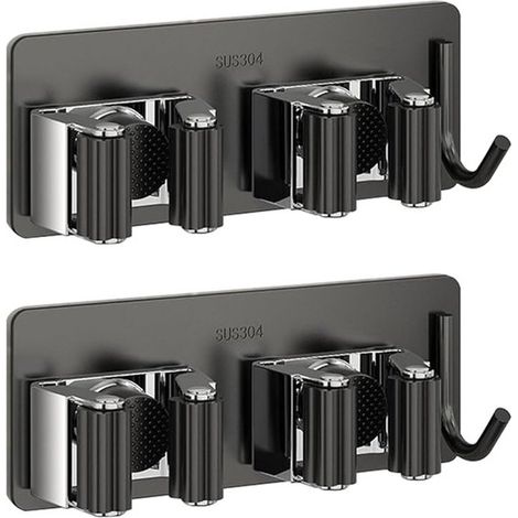 Soporte autoadhesivo de acero inoxidable de 2 piezas con gancho para escobas - Organizador de pared 3 en 1 para herramientas de jardín (1/5)