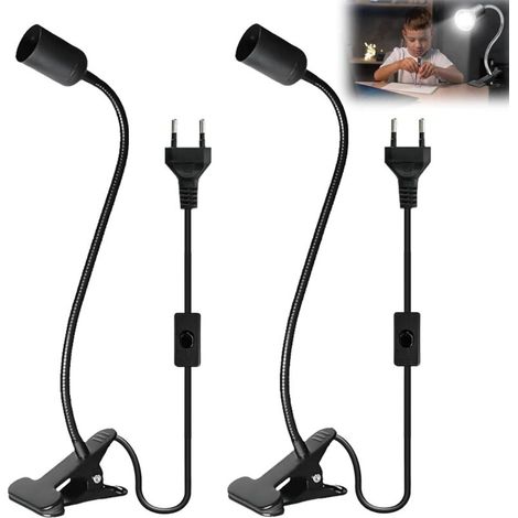 Lot de 2 douilles E27 avec pince, lampe à pince avec interrupteur et prise, lampe à pince avec col de cygne orientable à 360°, douille E27 pour lampe à col de cygne, lampe de bureau, lampe