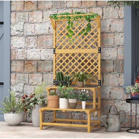 Scaffale per piante a 2 livelli con grigliato e tetto, legno di abete, 75 x 50 x 166 cm, giallo (1/5)