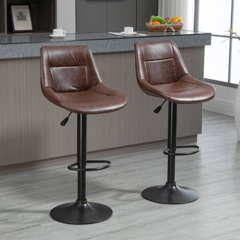Lot de 2 tabourets de bar vintage, similicuir marron, dossier rembourré, hauteur réglable, pivotant 360°, repose-pieds métal (1/5)