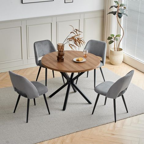 Esstisch-Set mit 4 Cord-Stühlen, 100cm Rundtisch, Grau (1/5)