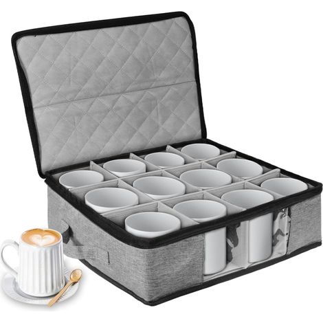 Portabicchieri, porta tazze da caffè con divisorio, organizer per 12 tazze da caffè, mug, bicchieri, impilabile, con finestra trasparente - grigio (1/3)