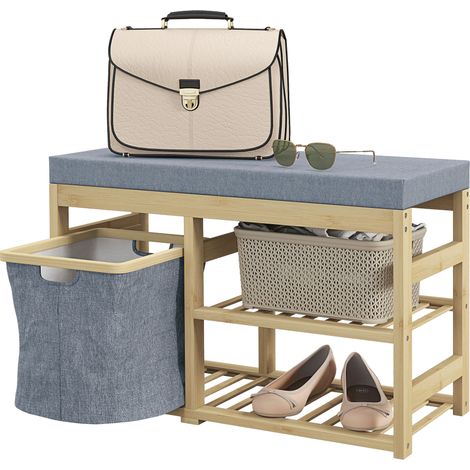 Meuble à chaussures avec siège, panier amovible et étagères ouvertes pour 4 paires de chaussures, 69 x 30 x 45 cm, naturel (1/5)