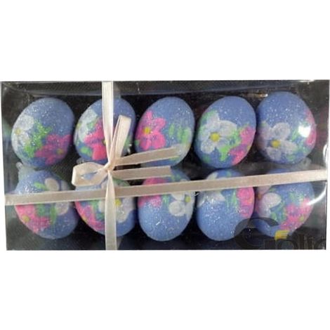 Set di 10 uova blu glitterate con gancio in scatola, dimensioni 5x3,5 cm