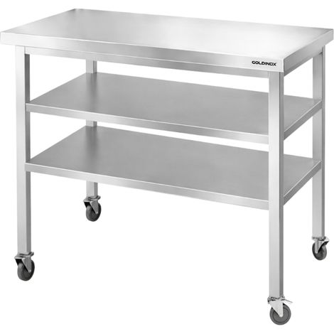Table de travail en inox Bar 1000x700 mm avec 2 étagères inférieures sur roulettes PREMIUM - GOLDINOX (1/4)