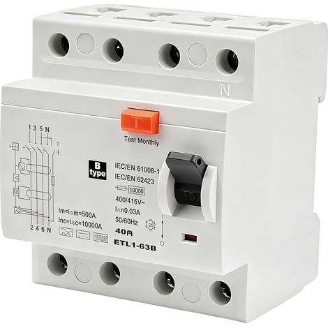 Disjoncteur Differentiel 30mA 40A Type B AC415V 4P Interrupteur Différentiel RCCB Disjoncteurs électriques Rail DIN pour systèmes Photovoltaïques et Stations de Recharge(ETL1-63B 4P 40A 30mA) (1/5)