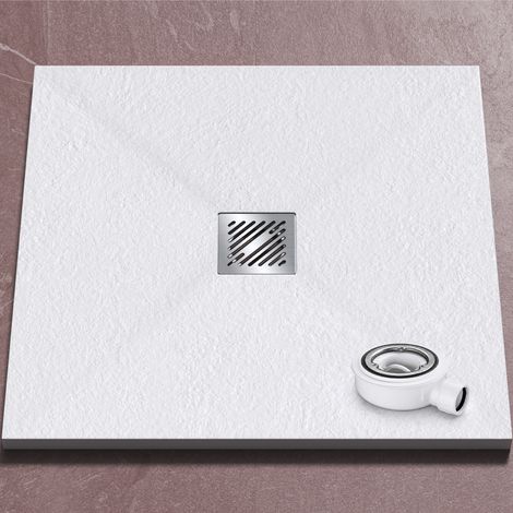 doporro Duschwanne Duschtasse 80x80x3cm aus Mineralguss in Weiß Quadratisch DIN-Anschlüsse für bodenebene Montage geeignet inkl. Ablaufgarnitur AL006 Geoma 09